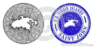 Mesh Wire Frame Stencil Saint John Island Map and Distress Circle Seal Vector Illustration
