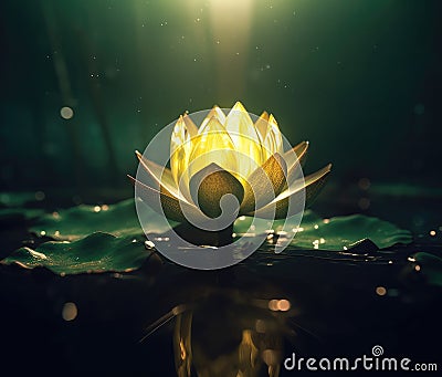 Enchanting Lotus Blossom with Illuminated Aura in the Darkness (AI Generated) Stock Photo