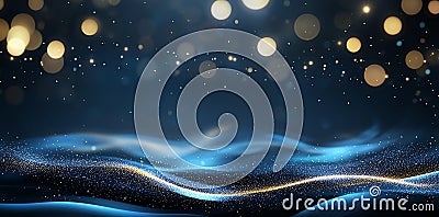 A mesmerizing abstract background featuring swirling blue waves with shimmering golden bokeh lights Perfect for creating a dre Stock Photo