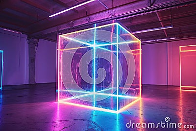 Mesmerizing Abstract neon cube. Generate Ai Stock Photo