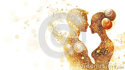 A mesmerizing artwork of a couple in abstract silhouette, composed of swirling golden spheres Stock Photo