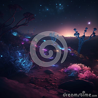 Mesmerizing bioluminescent night scene - nature, magic plants, colorful, with a spectacular volumetric background. The Stock Photo