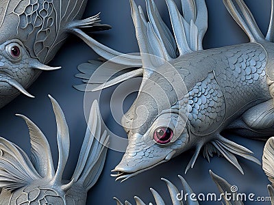 Surreal silver insectoid fishlike alien creature. AI art generated Stock Photo