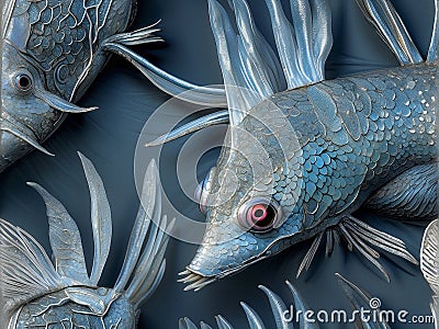 Surreal silver insectoid fishlike alien creature. AI art generated Stock Photo