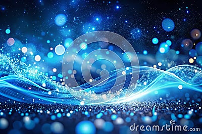 Mesmerizing Blue Light Particle Wave A Dynamic Panoramic Abstract Digital Background for Captivating Visuals Stock Photo