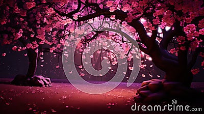 Mesmerizing Cherry Blossom Trees in Vibrant Bloom, Illuminated by Enchanting Nighttime Lights. Stock Photo