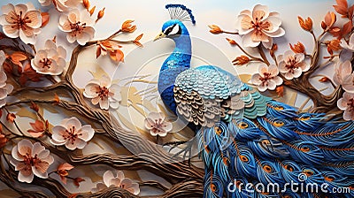 Intricate Paper Quilling: Captivating Blue and Gold Peacock Motif Stock Photo