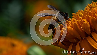 Close-up of Nature's Colors: Honeybee Pollinating Marigold Flower in Vibrant Orange and Green Stock Photo
