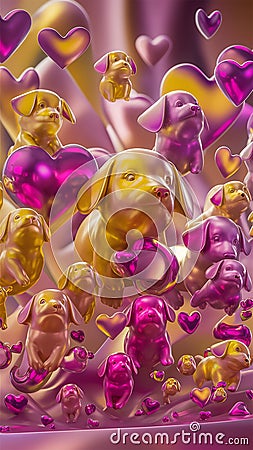 A mesmerizing collection of tiny, floating metallic puppies in various sizes Stock Photo