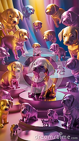 A mesmerizing collection of tiny, floating metallic puppies in various sizes Stock Photo