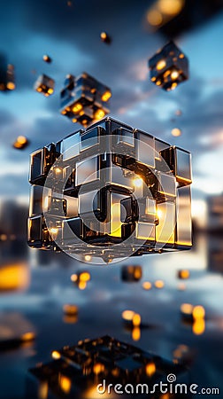 A mesmerizing composition features a giant cube formed by numerous smaller cubes, elegantly floating in an endless void Stock Photo