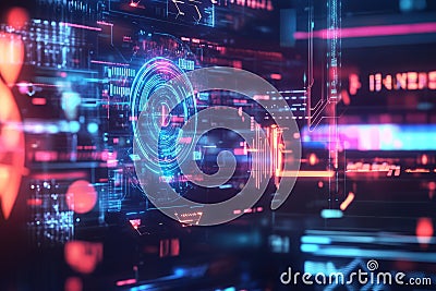 A mesmerizing cybernetic interface displaying AI-generated holographic security algorithms, Stock Photo