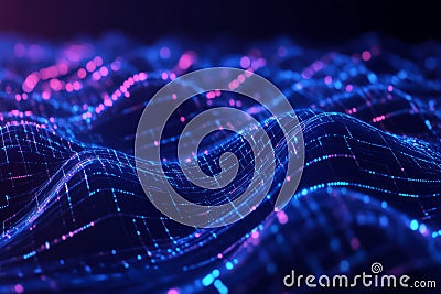 A mesmerizing 3D abstract background displaying a glowing wave of interconnected data streams, Stock Photo