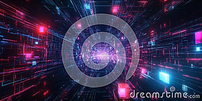 A mesmerizing 3D abstract background displaying an infinite loop of pulsating neon grids, floating Stock Photo