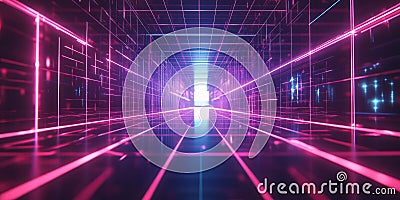 A mesmerizing 3D abstract background displaying an infinite loop of pulsating neon grids, floating Stock Photo