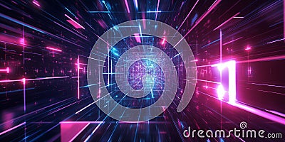 A mesmerizing 3D abstract background displaying an infinite loop of pulsating neon grids, floating Stock Photo