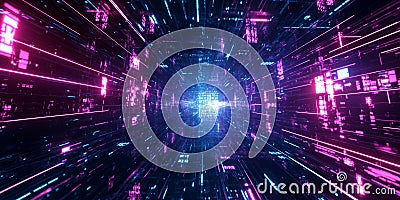 A mesmerizing 3D abstract background displaying an infinite loop of pulsating neon grids, floating Stock Photo