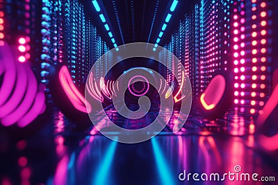 A mesmerizing 3D abstract background featuring a floating neon speaker emitting swirling, Stock Photo