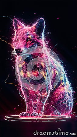 A mesmerizing 3D holographic design featuring a dingo illuminated by a dazzling array of neon colors Stock Photo