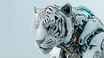 mesmerizing depiction of robotic entity adorned with head of a albino tiger,blending attributes of artificial intelligence with Stock Photo