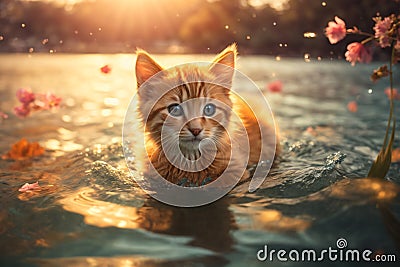 A Cherished Kitten Gracefully Swimming in the Radiant Glow of the Setting Sun Stock Photo