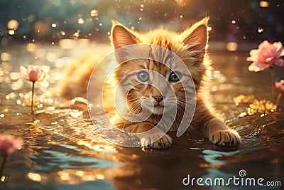 A Cherished Kitten Gracefully Swimming in the Radiant Glow of the Setting Sun Stock Photo