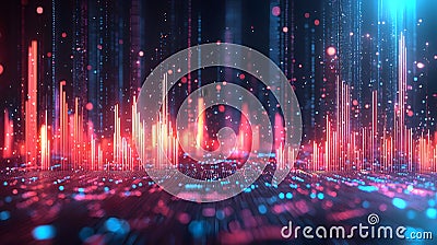 Mesmerizing Digital Visualization of Colorful Waveforms and Data Points in a Futuristic Setting Stock Photo