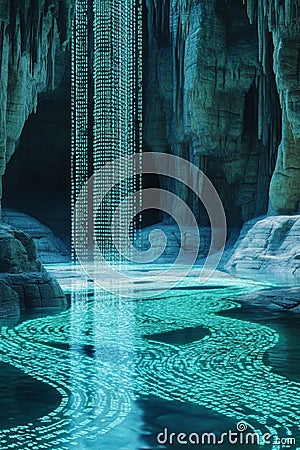 Digital Waterfall of Binary Code Flowing in a Cave Environment Stock Photo