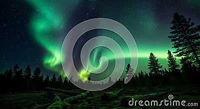 a mesmerizing display of the northern lights over a serene forest landscape - generated using ai. generated using ai Stock Photo