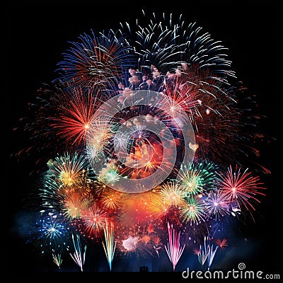 Mesmerizing fireworks display with vibrant colors, intricate patterns, and symphonic synchronization Stock Photo