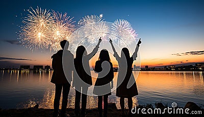 Mesmerizing fireworks illuminate night sky as crowd celebrates holiday outdoors in awe. Stock Photo