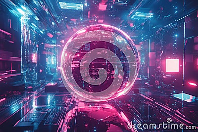 A mesmerizing floating AI-driven data sphere, surrounded by glowing cybernetic energy waves, Stock Photo