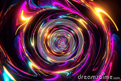 A mesmerizing fractal pattern of glowing neon spirals, forming an infinite vortex of color and Stock Photo