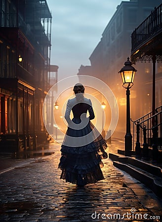 woman walking down a foggy night street. Renaissance, Elizabethan, Jacobean, Baroque, Georgian, Regency, Victorian, Edwardian. Stock Photo