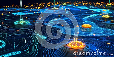 A mesmerizing futuristic AI-driven oceanic carbon capture system, displaying glowing cybernetic real Stock Photo