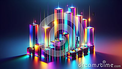 A mesmerizing futuristic bar chart with neon-lit, transparent, multicolored prisms floating in a digital landscape, symbolizing Stock Photo