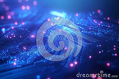 A mesmerizing futuristic blue background with neon circuit boards and dynamic abstract data flows Stock Photo