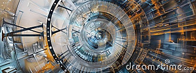 A mesmerizing, futuristic vortex of clockwork mechanisms and luminous energy envelops the viewer. Stock Photo