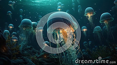 Mesmerizing Glowing Jellyfish in Ultra HD Underwater Scene Stock Photo