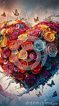 A mesmerizing heart shape created from a dazzling array of vibrant, multicolored flowers, primarily roses Cartoon Illustration