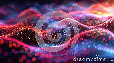 Mesmerizing hologram wave with flowing, undulating patterns of luminous dots and a bright, colorful spectrum. Hologram Stock Photo