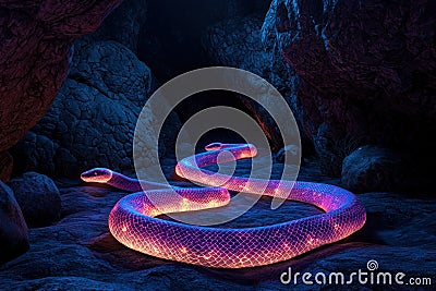 A mesmerizing illuminated snake gliding through a dark cave showcasing vivid colors and intricate patterns in a mystical Stock Photo