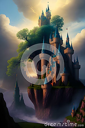 Fantasy castle with tower in the sky generated by ai Stock Photo