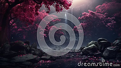 Mystical Night Forest With Pink Trees And Waterfall Stock Photo