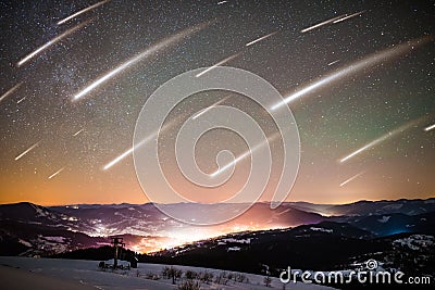 Mesmerizing landscape of falling stars Stock Photo