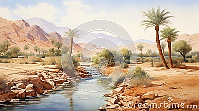 Serene Watercolor Illustration Of A Desert Stream With Palm Trees Stock Photo