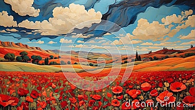 Landscape of poppy fields, streams and colored clouds. Stock Photo