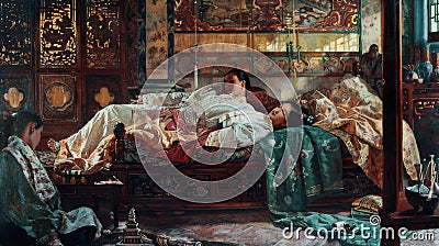 Elegant Opium-Divan: 19th Century Chinese Scene in Stunning Painting Stock Photo