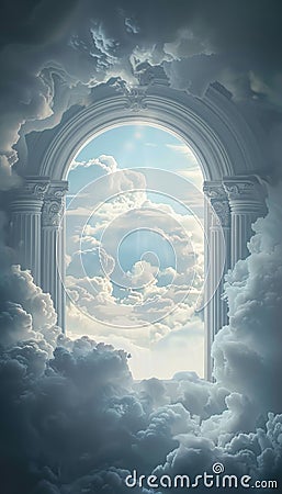 A mesmerizing palladian window floating among clouds with divine light and ethereal vibes Stock Photo