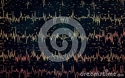 A mesmerizing pattern of pulsating lines and data points in vibrant shades of blue, green, yellow, and red Stock Photo